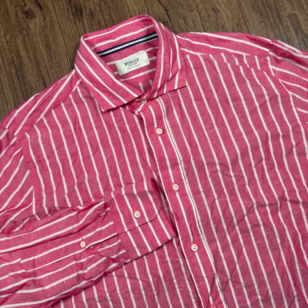 Boggi Milano Linen Blend Dress Shirt Men XL Pink White Striped New Classic Italy